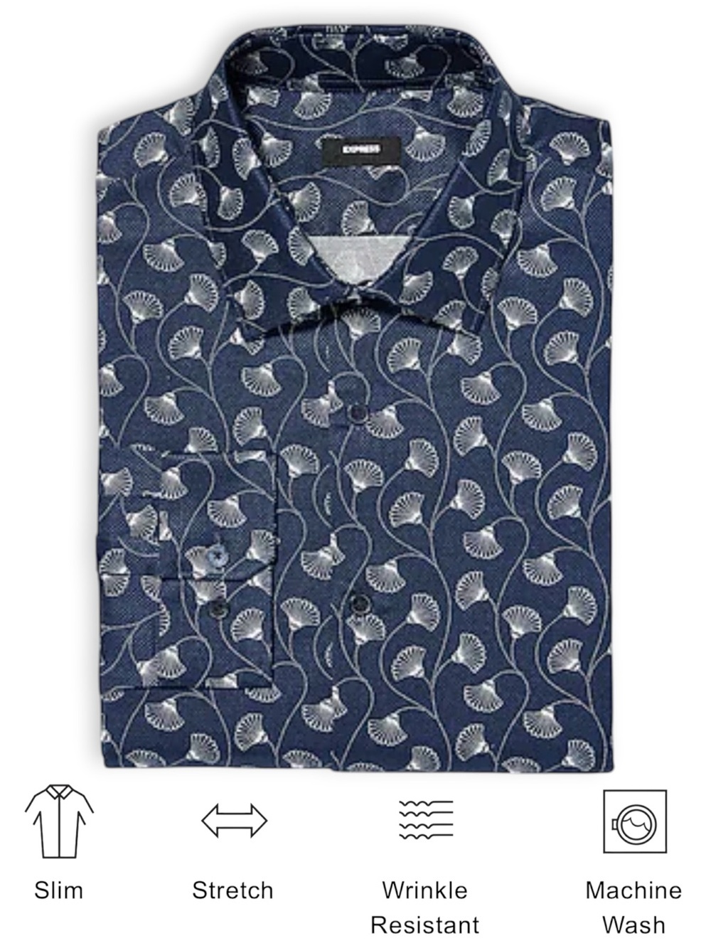 Express Navy Slim 1MX Gingko Leaves Textured Stretch Long Sleeve Men’s Shirt